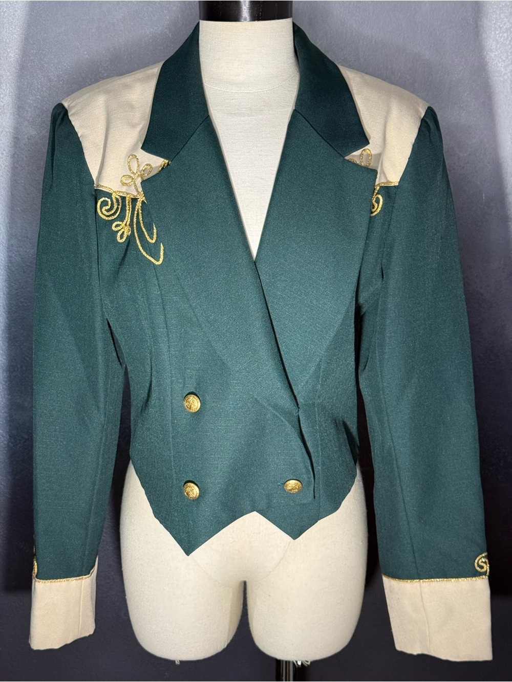 Vtg Women’s Hobby Horse Equestrian Show Jacket Green Cream Gold Embroidered- L